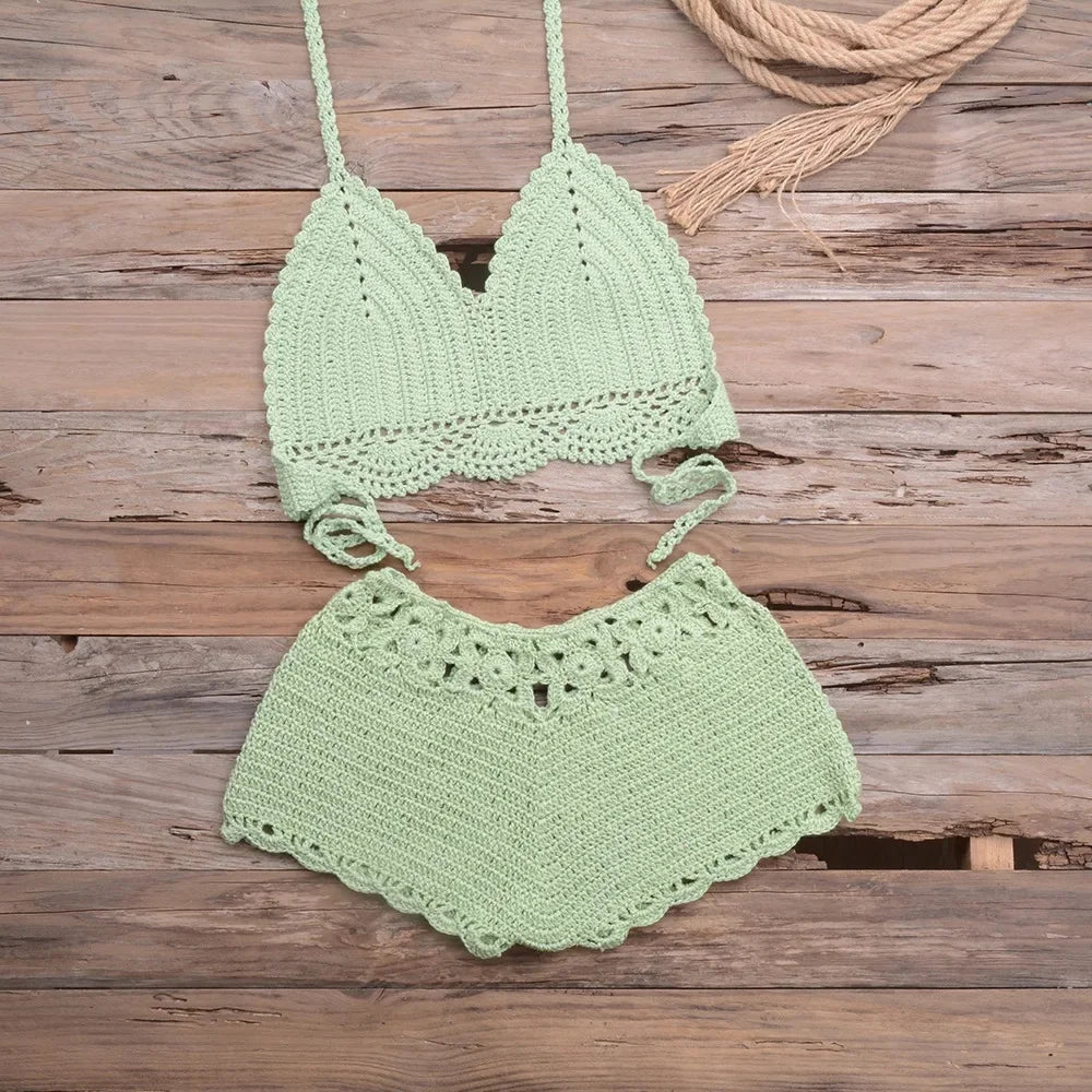 Costume da bagno bikini traforato lavorato a mano, ideale per vacanze al mare, spiaggia, sabbia, due pezzi da donna, con bordo in pizzo e design a gancio, per attività all'aperto e sport.