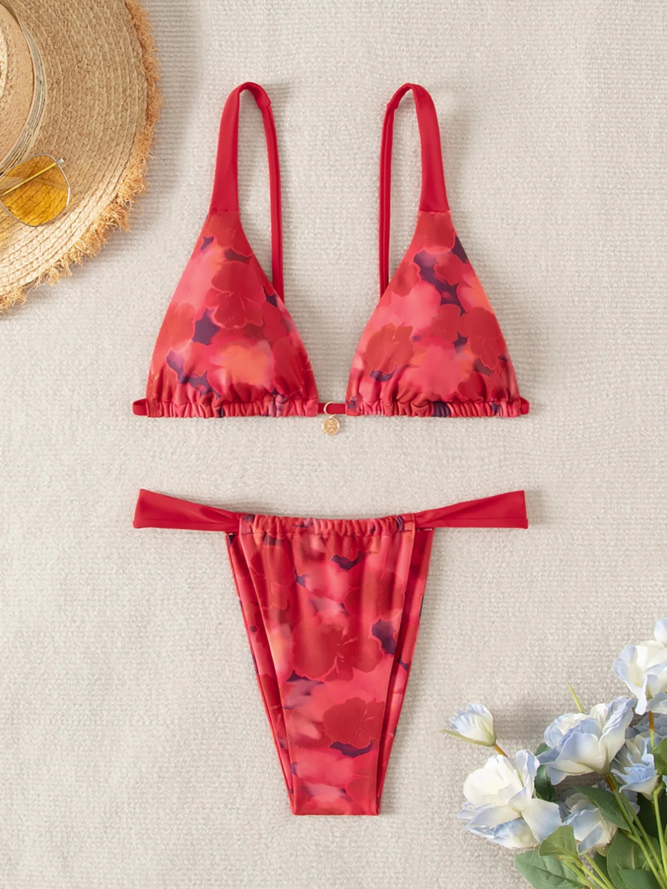 "2025 New Triangle Bikini Set - Floral Print Push Up Swimsuit & Brazilian Bottoms"