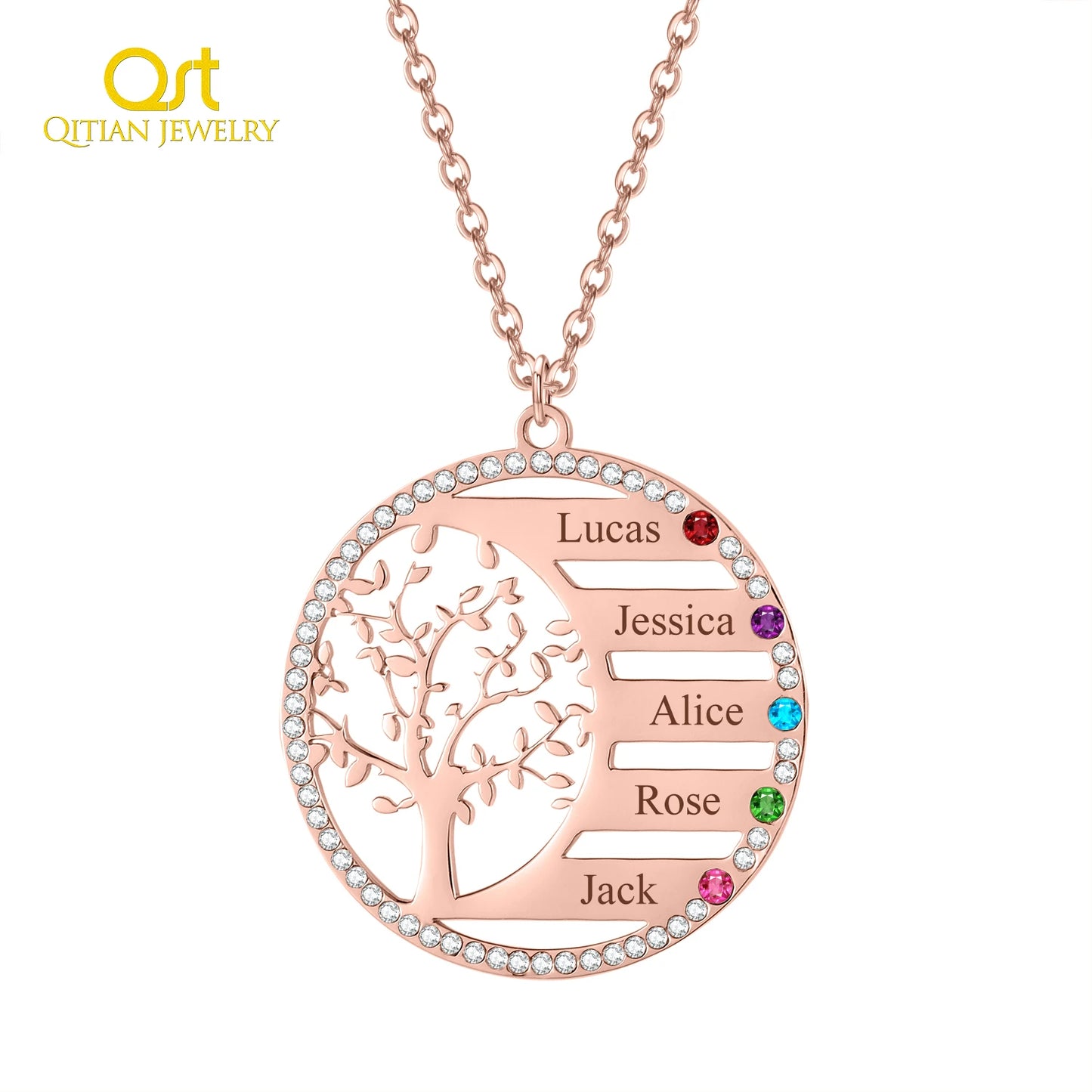 Collana personalizzata con nome dell'albero genealogico e ciondolo in cristallo con pietra portafortuna. Incisione del nome, catena in acciaio inossidabile, gioiello, regalo di Natale.
