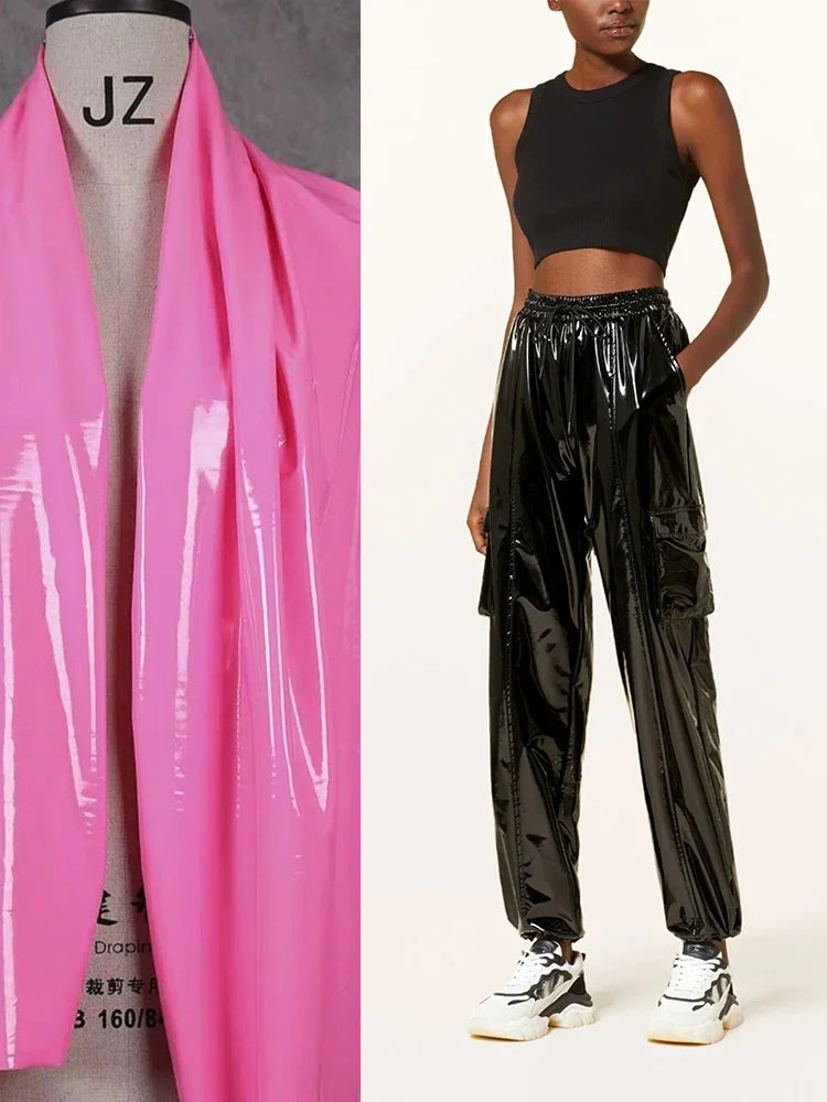 Casual High Waist Faux Latex Cargo Pants Women Shiny Patent Leather Drawstring Elastic Waistband Bloomers PU Sweatpants Custom
