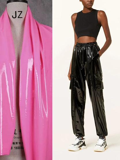 Casual High Waist Faux Latex Cargo Pants Women Shiny Patent Leather Drawstring Elastic Waistband Bloomers PU Sweatpants Custom