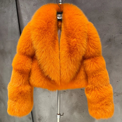 # Giacca in pelliccia di volpe dorata da donna, cappotto corto in vera pelliccia di volpe, manica lunga, in tessuto di pelliccia naturale con colletto