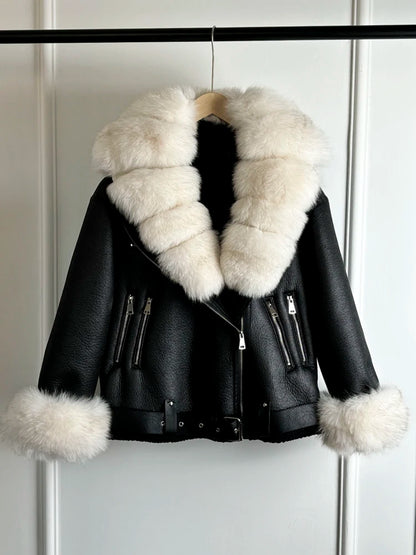 Janveny 2024 Winter Fake Leather Coat Real Natural Fox Fur Collar Cuff Women Thick Warm Large Lapel Fur Lining Leather Jacket