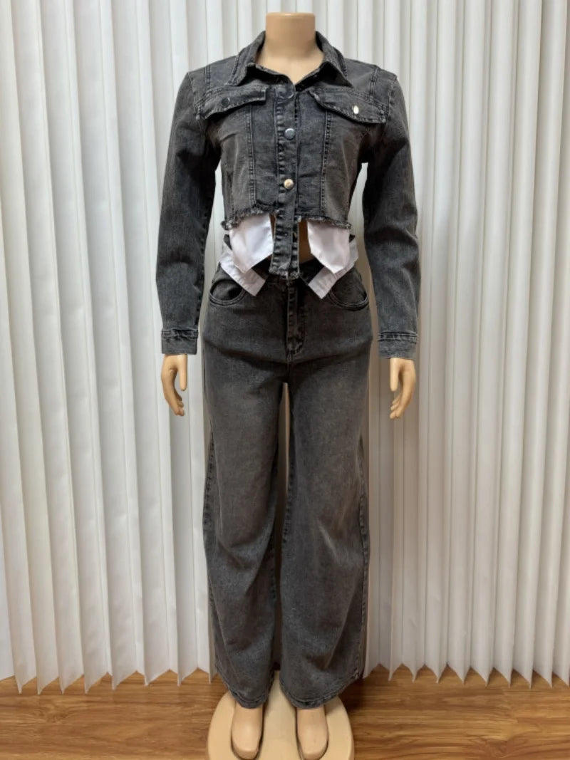 Streetwear Denim 2 pezzi Set da donna Outfit Abbigliamento autunnale Donna Jeans a maniche lunghe Giacca corta Jeans dritti Pantaloni Set Tuta