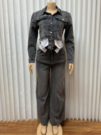 Streetwear Denim 2 pezzi Set da donna Outfit Abbigliamento autunnale Donna Jeans a maniche lunghe Giacca corta Jeans dritti Pantaloni Set Tuta