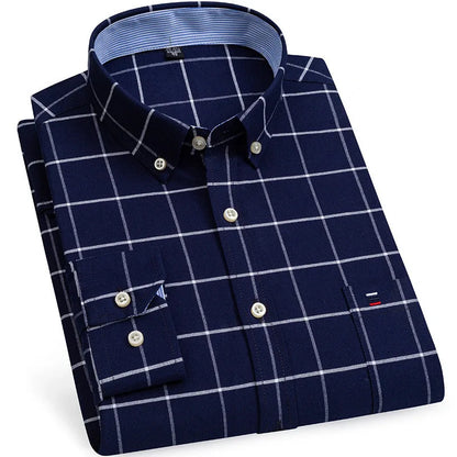 Camicia da uomo a quadri con bottoni a maniche lunghe in cotone 100%, con tasca singola sul petto, vestibilità standard, casual, stile Oxford a quadri e righe