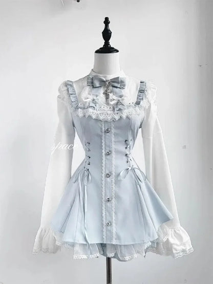 Japanese Sweet Style Bow Dress Shorts Set Women Sweet Long Sleeve Plaid Shirt Dresses Kawaii Lolita Aesthetics Y2k Dress Sets