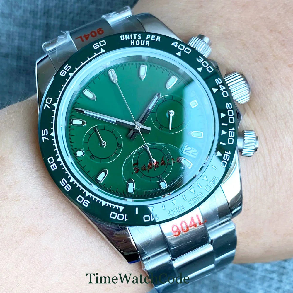 Orologio cronometro Tandorio da uomo, 39 mm, movimento al quarzo VK63, quadrante grigio, vetro zaffiro, cronografo completo, bracciale in acciaio inossidabile 316L, cinturino in gomma.