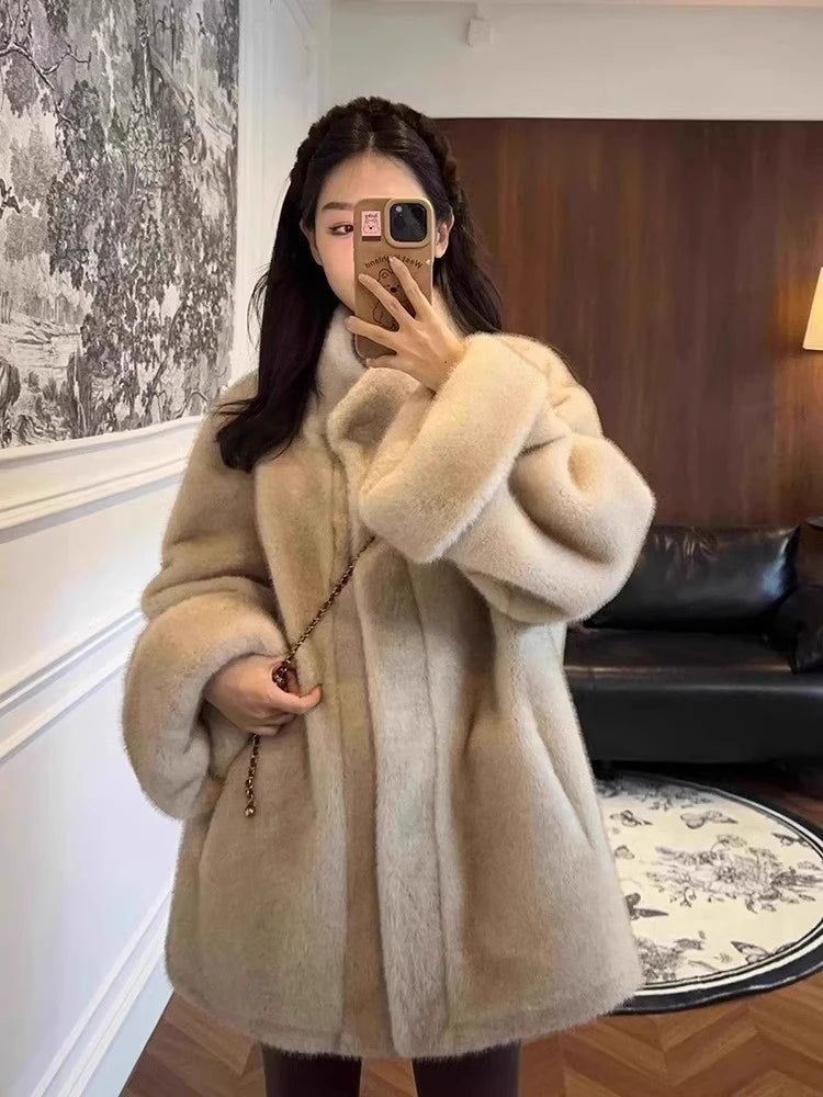 Korean Style Women Medium Long Mink Fur Coat Autumn Winter Stand Collar Eco-friendly Fur Solid Color Thickened Warm Overcoat