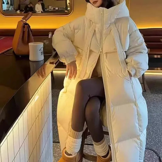 Fashion Oversize Loose Parkas Women's X-long Cotton-padded Jacket Winter Streetwear Overcoat Hooded Coats Black White Jackets