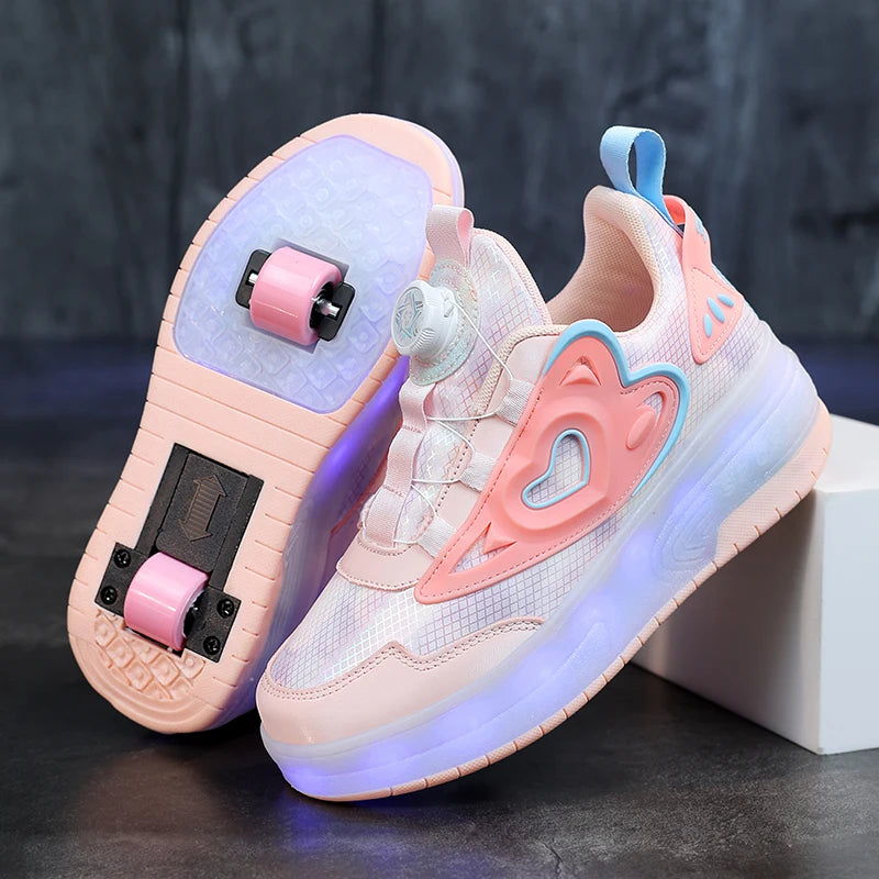 Scarpe da ginnastica luminose per bambine con ruote, tacco rosa con luci LED, pattini a rotelle, scarpe LED per bambini con ricarica USB, alla moda.