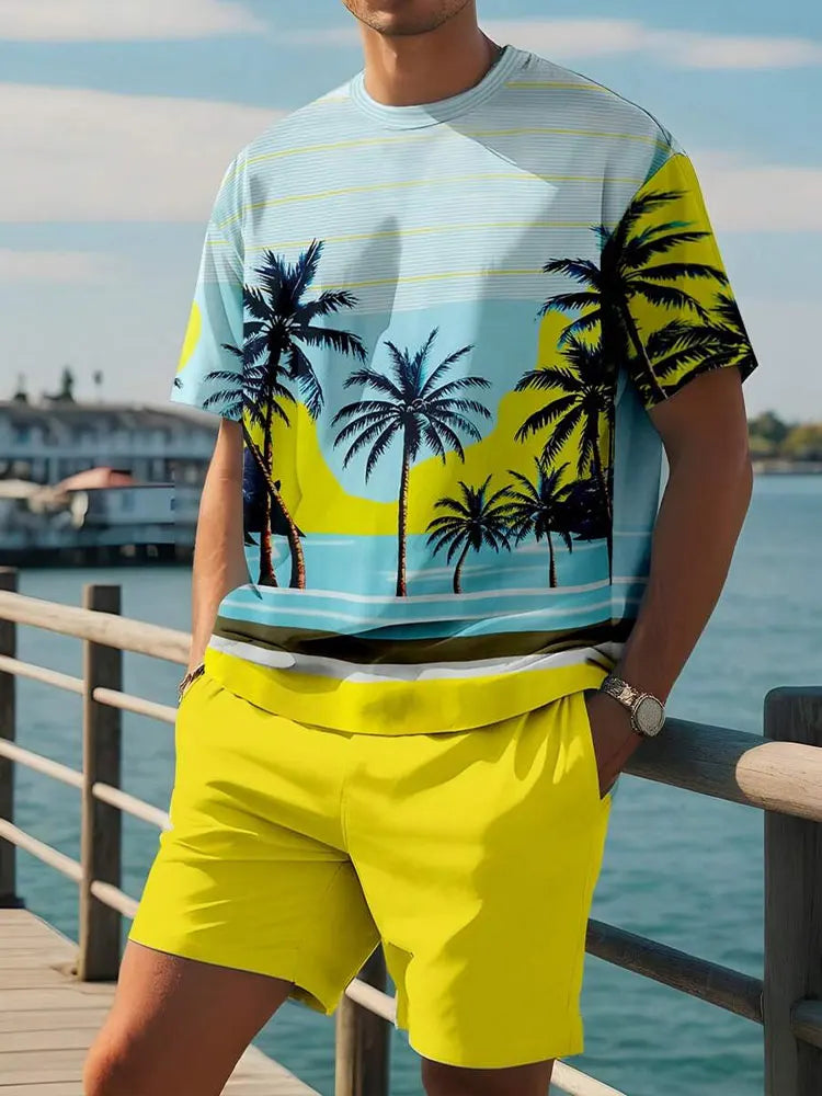 Completo estivo casual da uomo composto da 2 pezzi: pantaloncini a maniche corte con stampa hawaiana, t-shirt da uomo e pantaloncini da spiaggia per sport all'aria aperta.