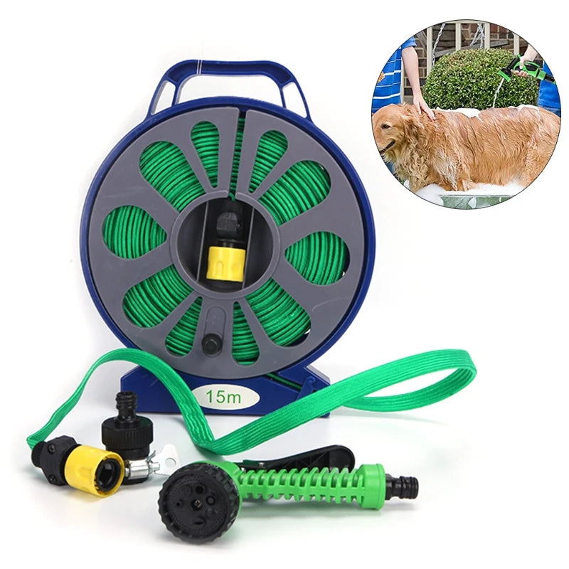 Foldable 590 inch Garden Outdoor Hose and Reel with Nozzle for Plant Watering G5AB