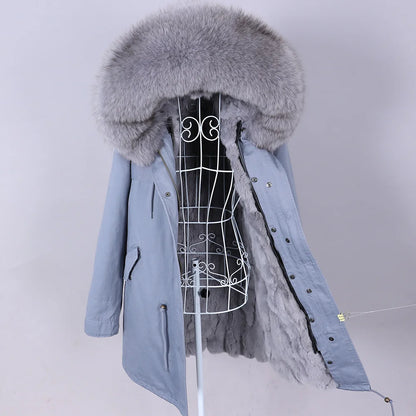Maomaokong 2022 Giacca invernale da donna Parka lungo Impermeabile Grande pelliccia di volpe naturale vera Collo di pelliccia di procione Cappuccio Fodera in caldo coniglio
