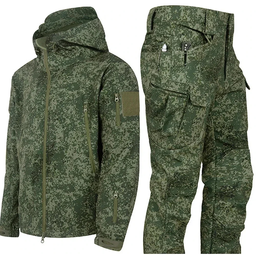 Tactical Waterproof Men Camo Set Soft Shell Fleece Winter Combat Suit Windbreak Warm Multi Pocket Outdoors Training Uniform