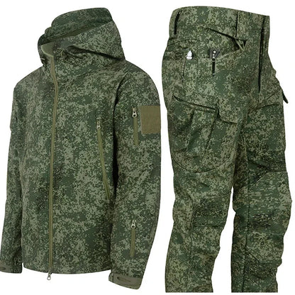 Tactical Waterproof Men Camo Set Soft Shell Fleece Winter Combat Suit Windbreak Warm Multi Pocket Outdoors Training Uniform