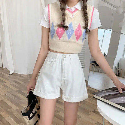 Pantaloncini da donna in denim a vita alta, gamba larga e linea ad A, colore azzurro chiaro, con risvolto, stile coreano, modello hot pants, design di tendenza, pantaloncini casual in cotone.