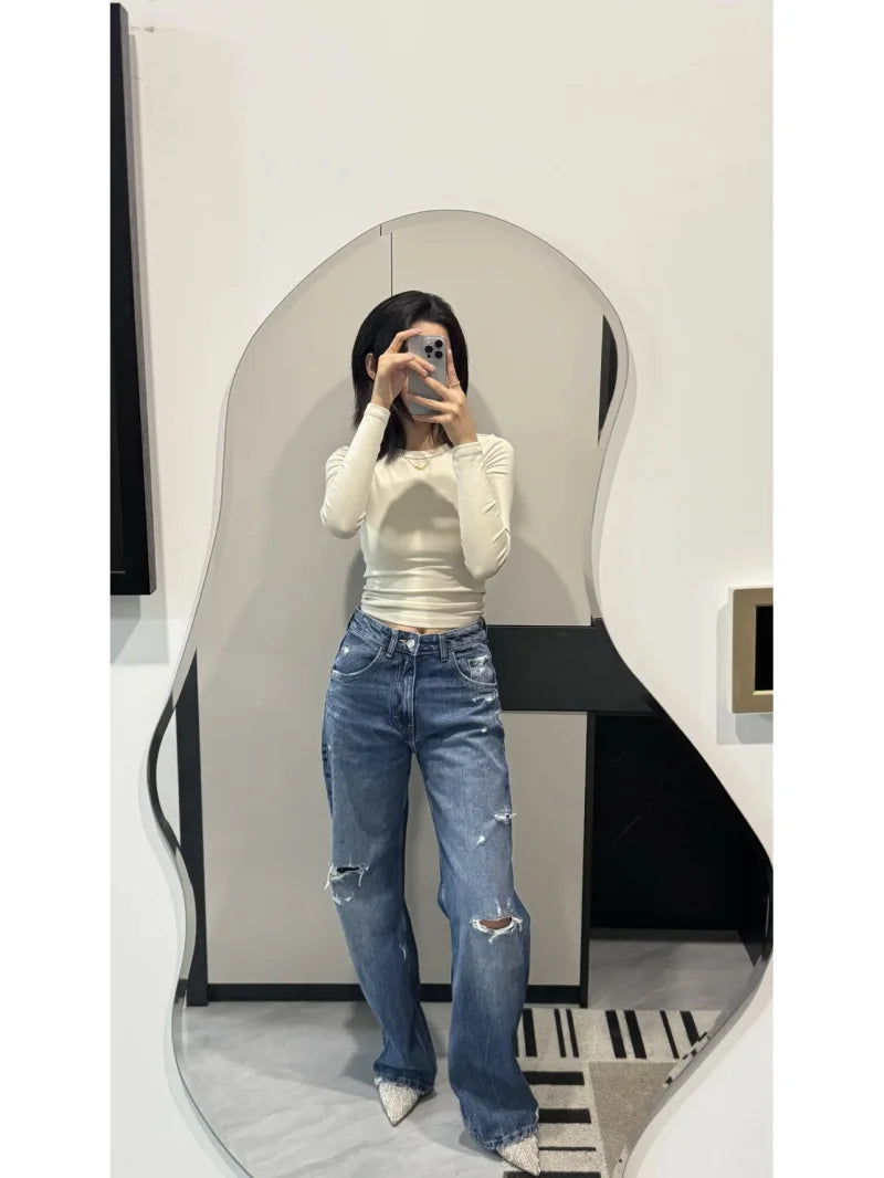 ETJ 2025  Spring new women's 1975 series high-waisted curved silhouette all cotton old ripped detail wide leg jeans