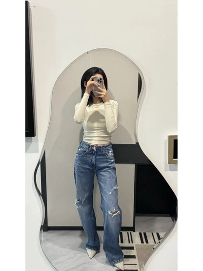 ETJ 2025  Spring new women's 1975 series high-waisted curved silhouette all cotton old ripped detail wide leg jeans