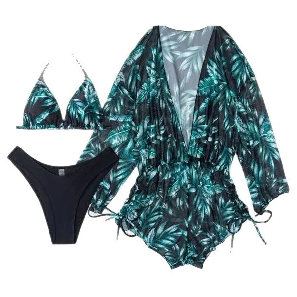Conservative Leaf Print Bikini Three Piece Set Waist Cinching String Sports Style Beach Swimsuit High Elasticity Polyester