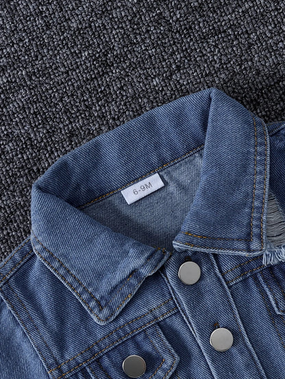 Completo in denim per bambini primavera autunno, design con strappi, giacca in jeans ampia con chiusura a bottoni, versatile, resistente all'usura, stile street.