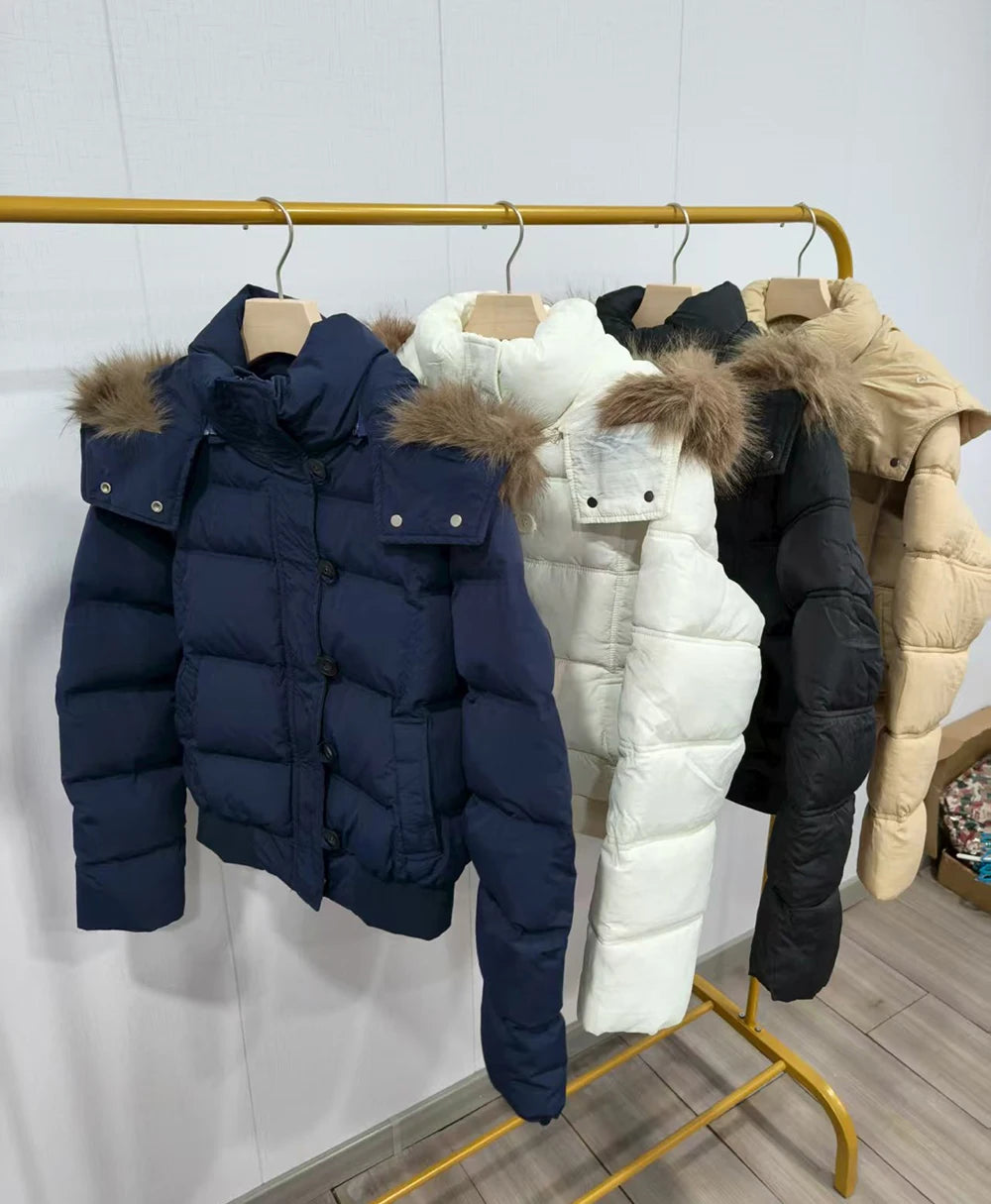 High-end off-white hooded fur collar cotton women's 2025 new winter Korean style versatile thickened warm cotton coat