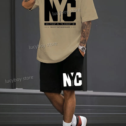 Completo sportivo da uomo con t-shirt e pantaloncini stampati con scritta NC NEW YORK, tuta di lusso da corsa oversize in 2 pezzi.