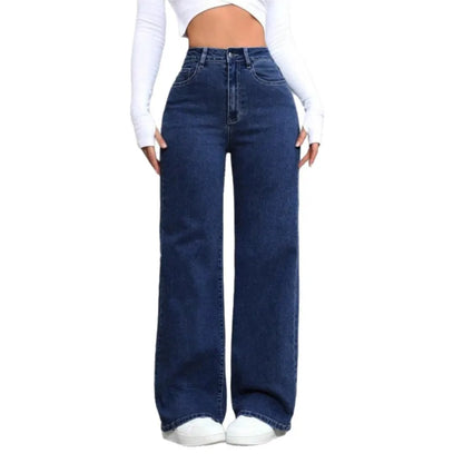 Jeans da donna a vita alta e gamba dritta, vestibilità ampia, colore blu americano slavato, alla moda, con tasche anteriori e posteriori, perfetti per l'uso quotidiano e casual.