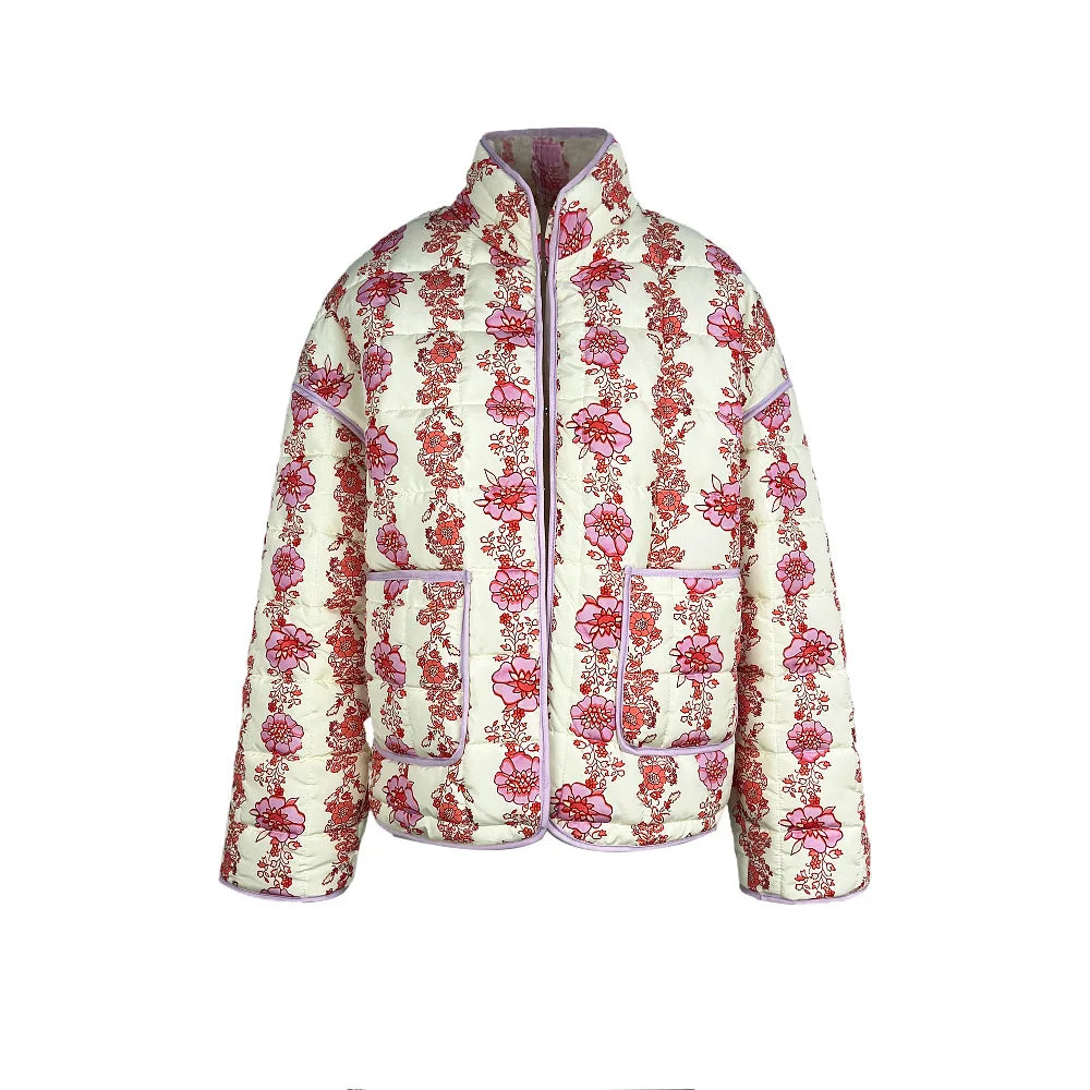 Vintage Floral Cotton Padded Jacket Trendy Pocket Splic Stand Neck Casual Winter Coats For Women 2024 New In Coats & Jackets