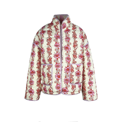 Vintage Floral Cotton Padded Jacket Trendy Pocket Splic Stand Neck Casual Winter Coats For Women 2024 New In Coats & Jackets