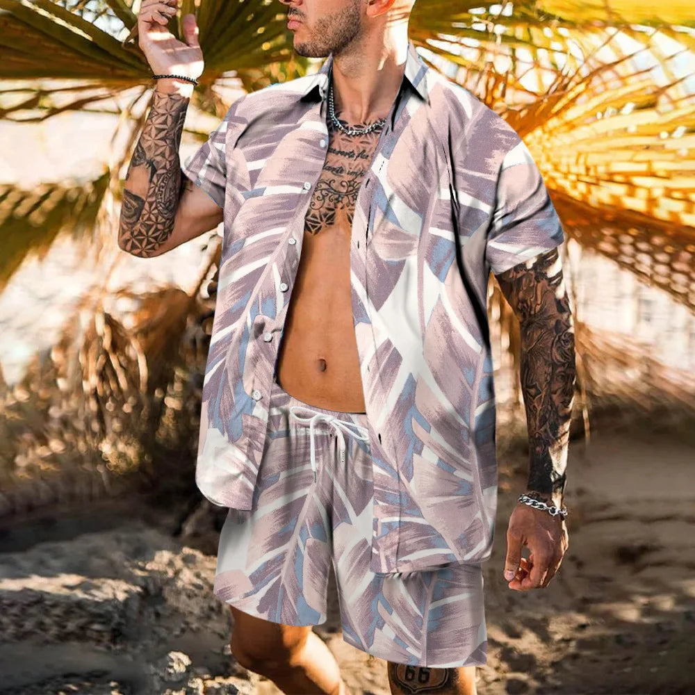 Completo da spiaggia hawaiano da uomo, 2 pezzi: camicia con stampa 3D, maniche corte, pantaloncini da spiaggia, camicia casual, set due pezzi alla moda per le vacanze.