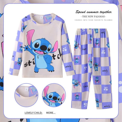 Pigiama per bambini dai 2 ai 14 anni, completo a maniche lunghe per primavera e autunno, set pigiama per bambini con motivo a cartoni animati Stitch, abbigliamento da casa comodo e casual per ragazzi e ragazze.