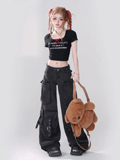 Women Y2k American Retro Mutil Pockets Cargo Jeans American Vintage Gyaru 2000s Aesthetic Grunge Jeans Straight Denim Pants