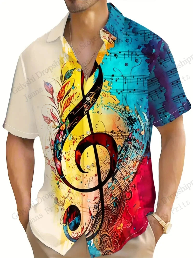 Camicie con stampa 3D di note musicali, da uomo e da donna, alla moda, a maniche corte, casual, da spiaggia, con risvolto, nuovi abiti per le vacanze