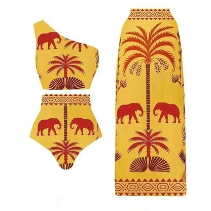 Sexy Bird Print Mesh High Waist Bikini 3 Pieces Sets Women Fashion Hollow Out One Pieces Swimwear 2024 New Beach Sarong Monokini
