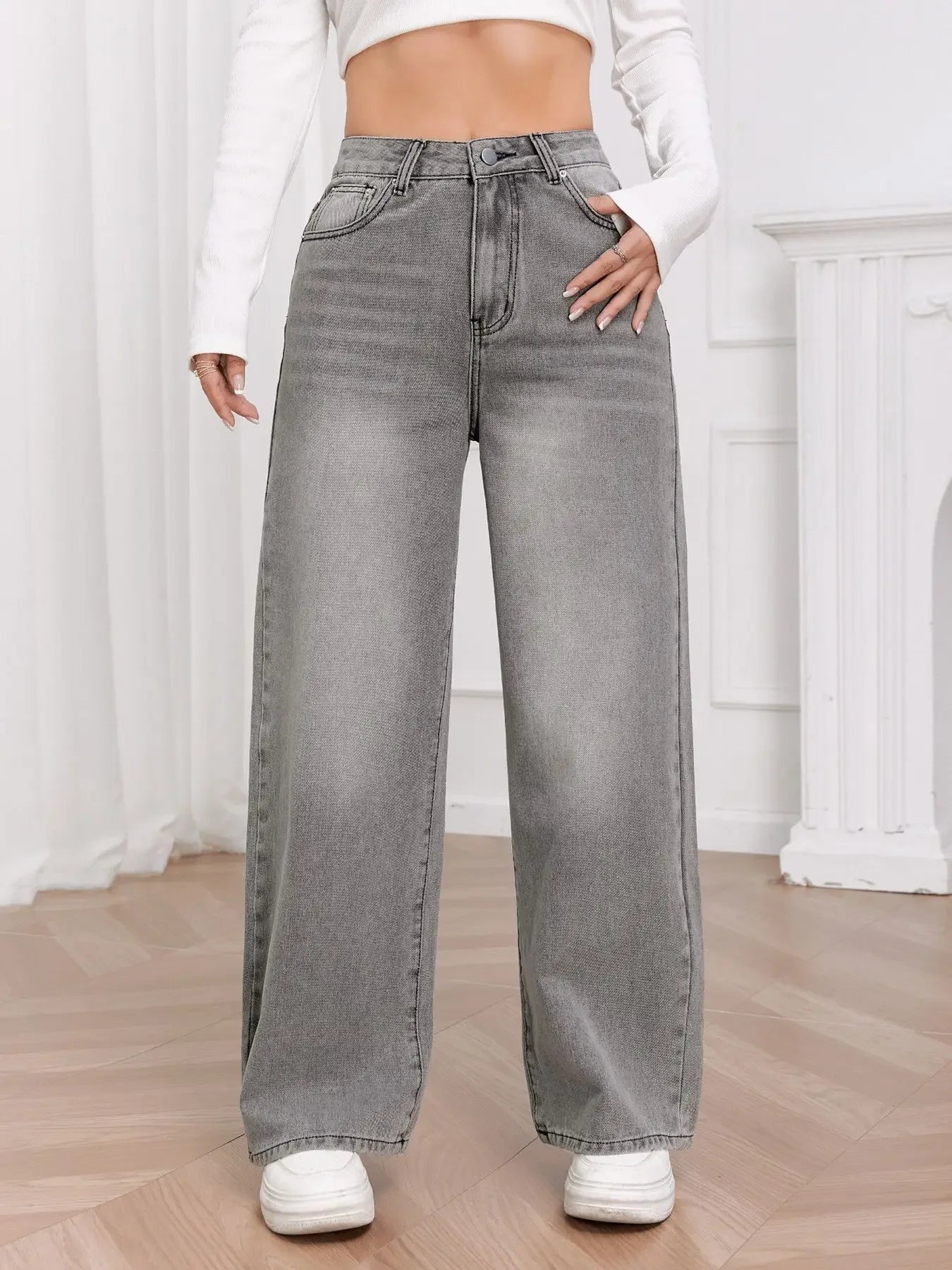 Jeans dritti a gamba larga effetto consumato alla moda per donna, pantaloni in denim casual elasticizzati a zampa d'elefante, bestseller, jeans da donna alla moda
