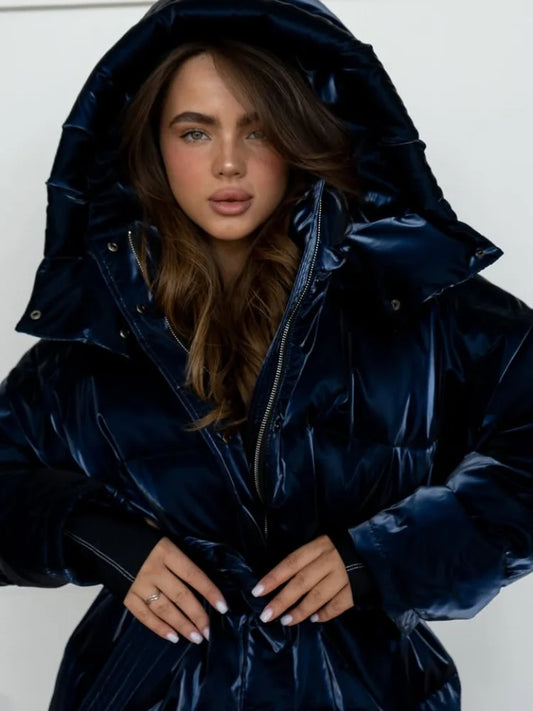 2026 Winter Shiny Hooded Cotton Jacket With Belt Women Elegant Long Sleeve Zipper Lace Up Coats Lady Y2K Street Warm Outerwear