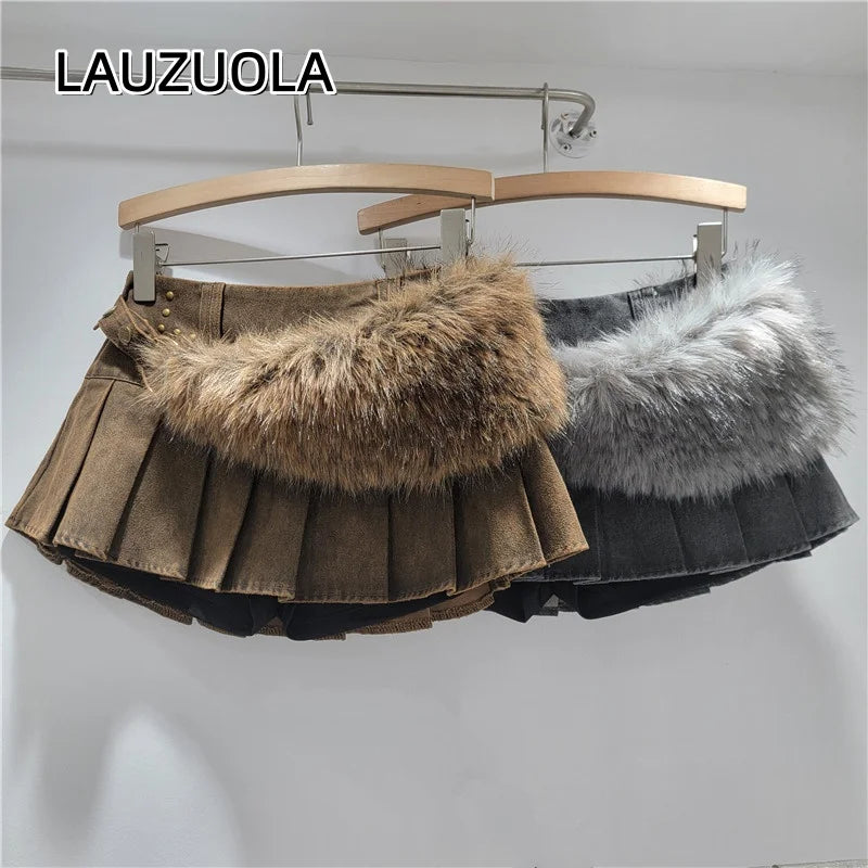 Sexy Low Waist Fuzzy Furry Blet Mini Skirt 2026 New Fashion Women Pleated Skirts Y2K