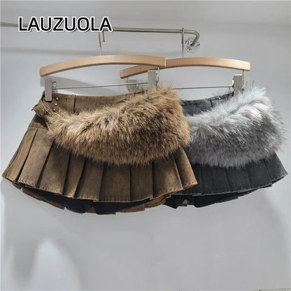 Sexy Low Waist Fuzzy Furry Blet Mini Skirt 2026 New Fashion Women Pleated Skirts Y2K