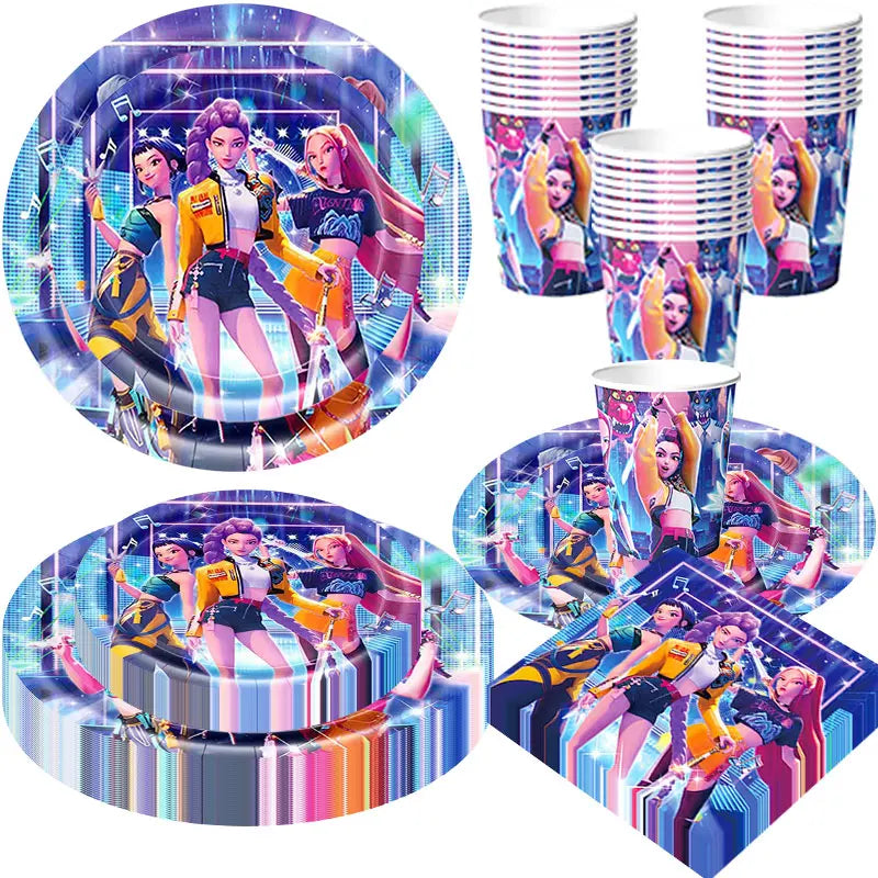 Kpop Demon Hunter Birthday Decoration Set Kpop Girl Cup Pate Happy Balloon Happy Banner Gift Bags Supplies for Kids Party Favors