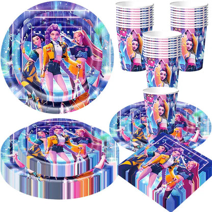Kpop Demon Hunter Birthday Decoration Set Kpop Girl Cup Pate Happy Balloon Happy Banner Gift Bags Supplies for Kids Party Favors