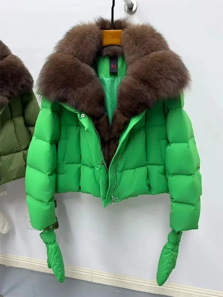 Cappotto in piumino d'oca con collo in pelliccia di volpe naturale, giacca di lusso in pelliccia, parka casual caldo da donna, giacca imbottita in vera pelliccia