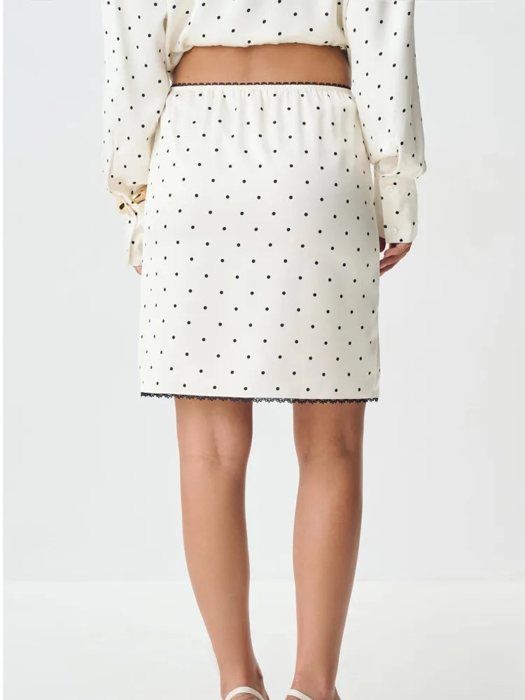 Articat Fashion Satin Polka Dot Print Bodycon Skirt Women Sexy Tight Zipper Lace Trim Half Skirt Autumn New Office Streetwear