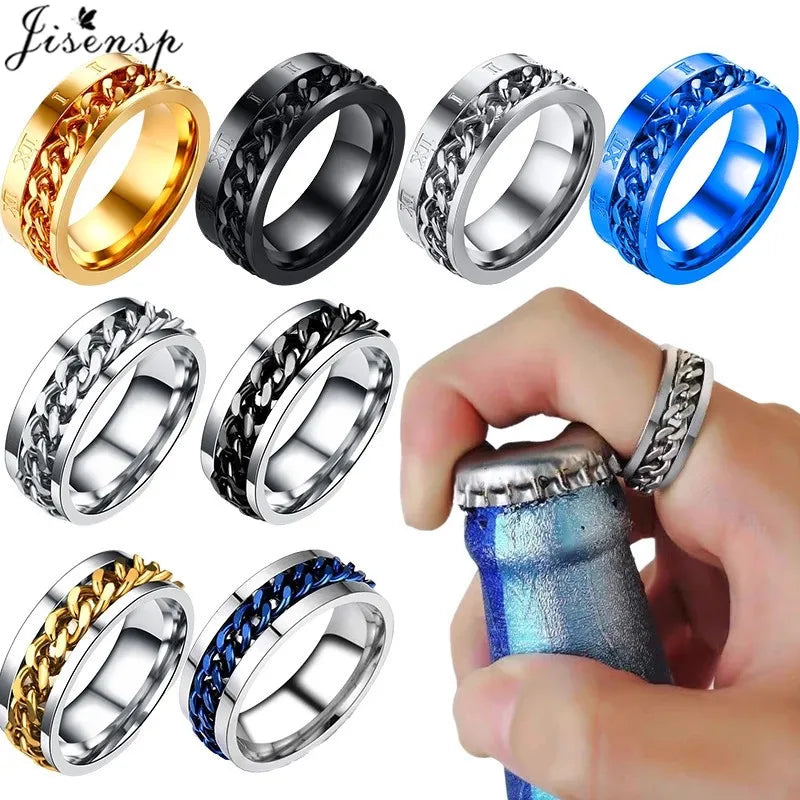 Anelli antistress rotanti, fantastici anelli antistress rotanti con catena in acciaio al titanio, anello girevole per dito per uomo e donna, gioielli punk Bague Homme 2023