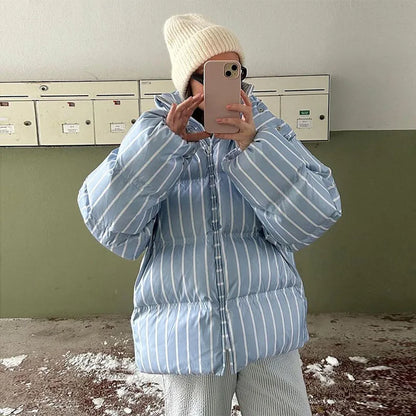 2025 Winter Striped Women's Hooded Quilted Jacket Thicken Zipper Long Sleeve Short Coat New Casual Female Loose Warm Outerwear
