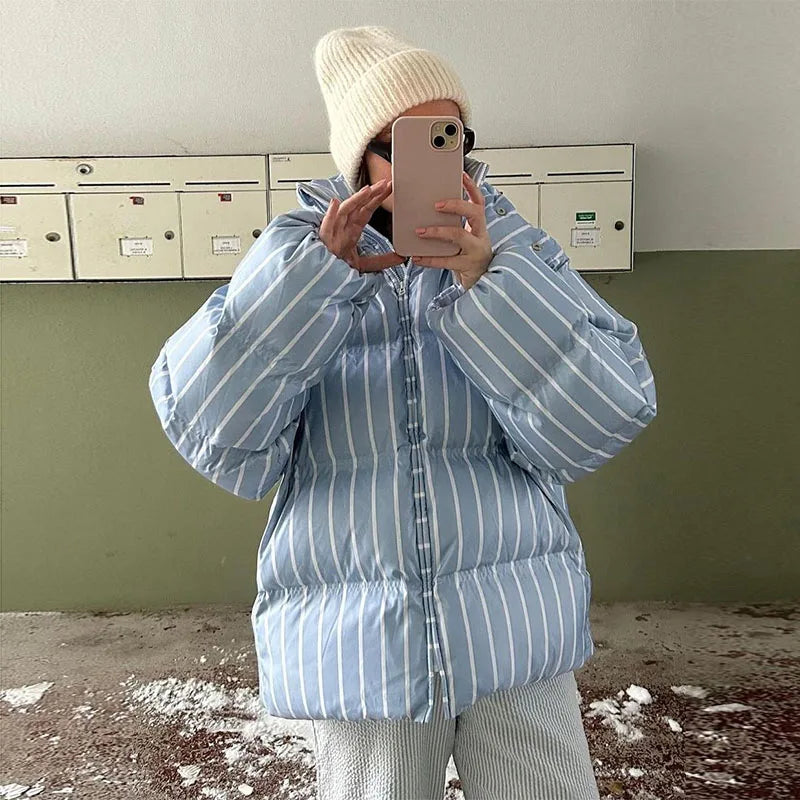 2025 Winter Striped Women's Hooded Quilted Jacket Thicken Zipper Long Sleeve Short Coat New Casual Female Loose Warm Outerwear
