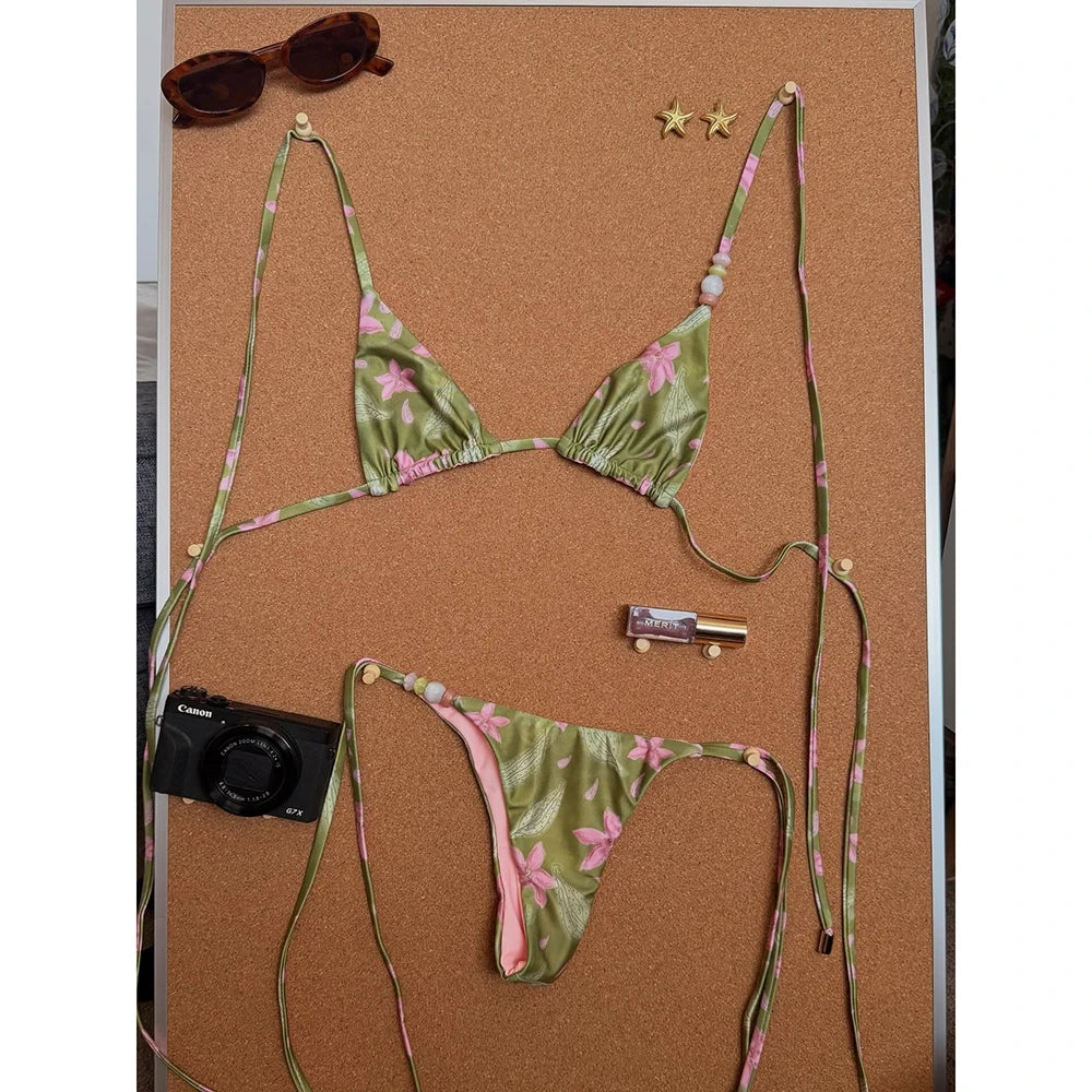 Micro bikini 2025, costume da bagno push-up per donna, costume da bagno sexy, bikini brasiliano, costume da bagno bikini con stampa floreale, abbigliamento estivo da spiaggia.