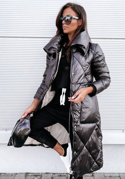 European American New Fashion Women's Solid Color Long Sleeve Stand Collar Quilted Coats Female Ankle Length Parkas Clothes Tops