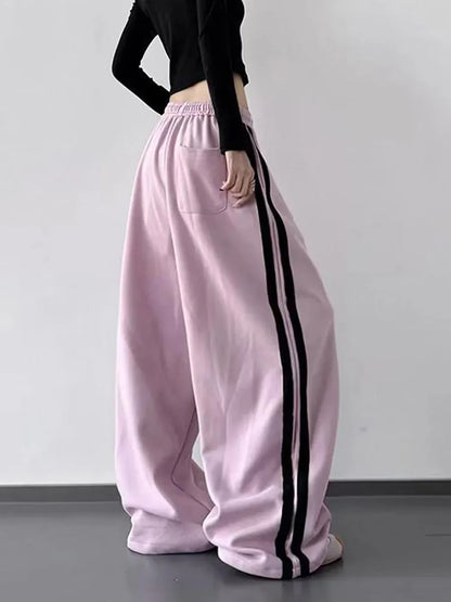 Y2K Vintage Striped Sweatpants Women Streetwear American Hip Hop Loose Pants Retro High Waist Casual Lace Up Spring Bf Trousers
