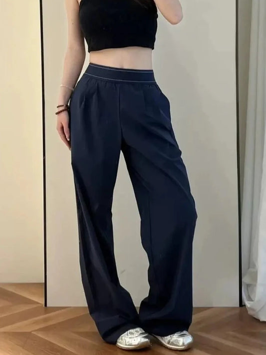 American Retro Elastic High Waist Wide Leg Pants Casual Loose Straight Long Trousers for Women Quick-dry Breathable Pants Women